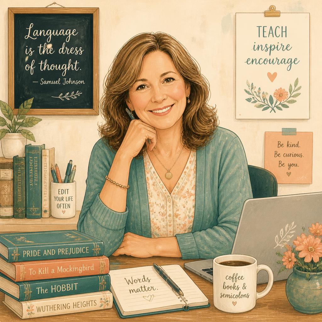 Illustrated portrait of Claire, an experienced English teacher, at her desk with books and a laptop